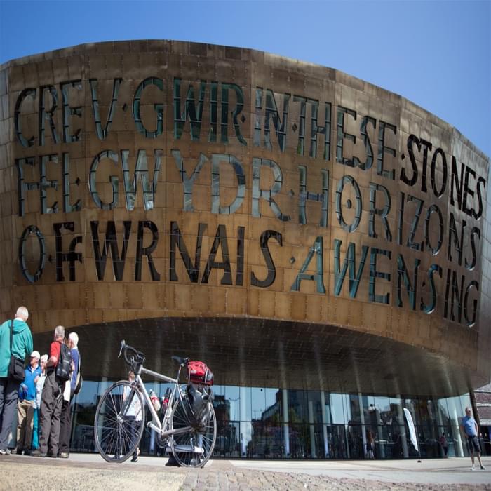 The impressive steel and copper front of Wales Millennium Centre (Canolfan Mileniwm Cymru) near the start of  Lôn Las Cymru in Cardiff Bay