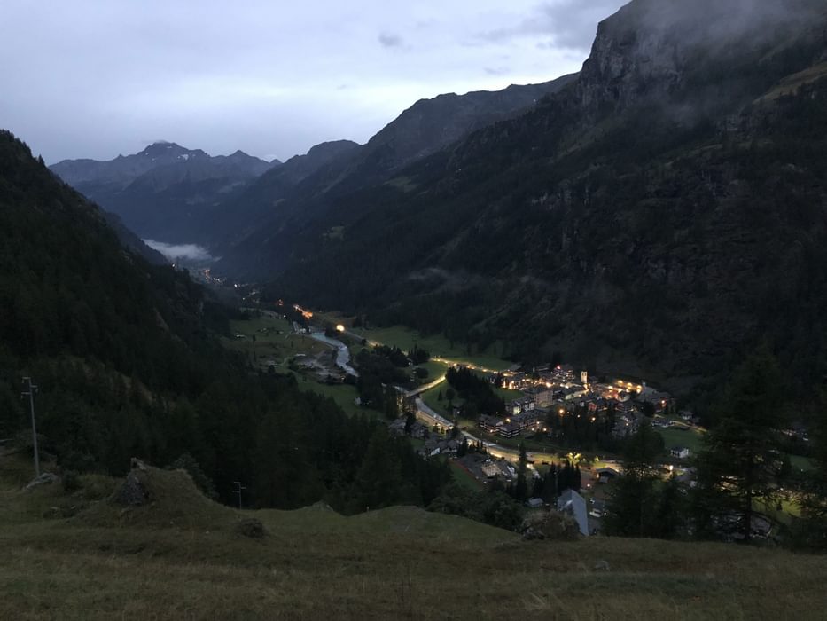 Looking back to Gressoney, the race's half way point as I head into the night. It's always an exciting moment