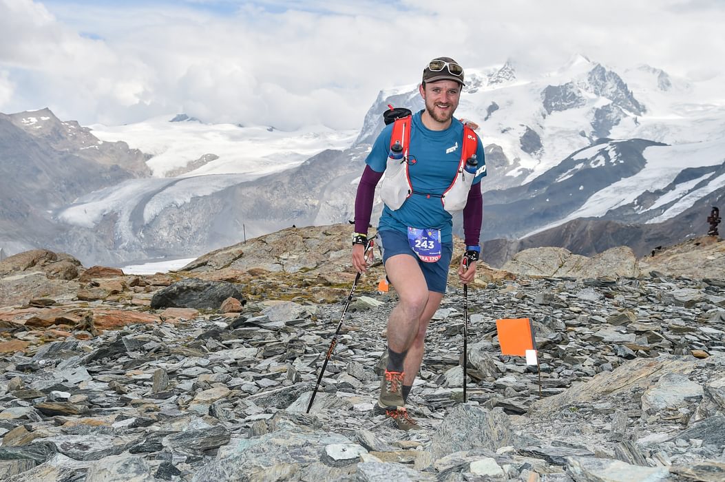 Nearing the top of the 1700m climb up to the Theodul Pass. The multiple summits of Monte Rosa behind