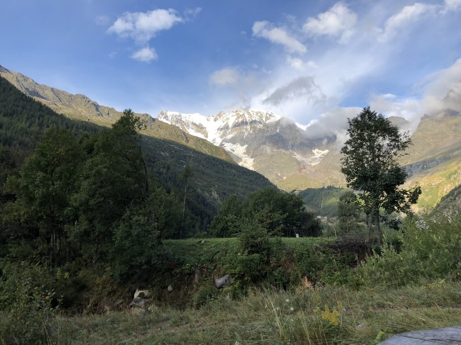 The morning of the second day was crisp and clear as I climbed the Monte Moro Pass with views of the 3000m high east face of Monte Rosa behind