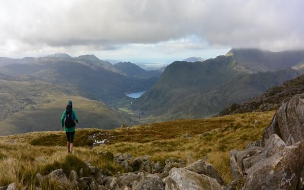 Descending from the Glyders with Snowdon hiding in the clouds. Fastpacking in Snowdonia.