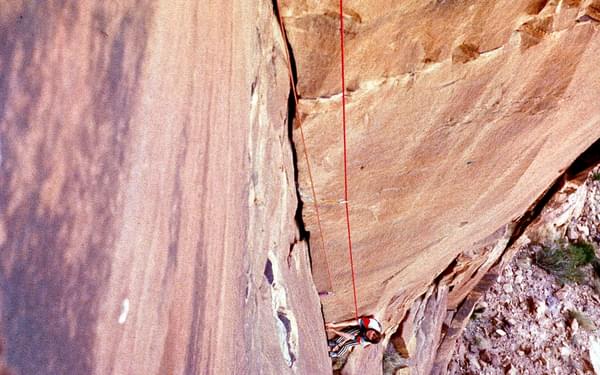 Di Taylor on the first pitch of The Beauty in Tony’s guidebook to Treks and Climbs in Wadi Rum.
