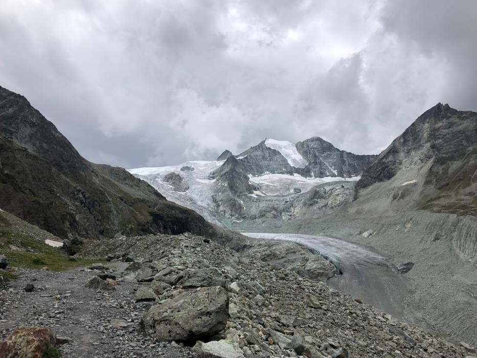 The Moiry icefall, with the hut just visible on the left skyline. Ten minutes later a violent electrical storm broke.