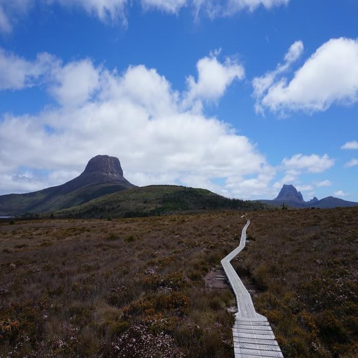 Big skies looking back along the track to Cradle Mountain  in the distance