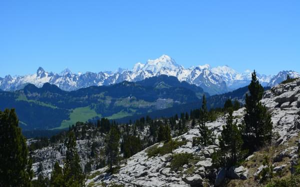 Mont Blanc rising above the limestone plateau on Le Parmelan