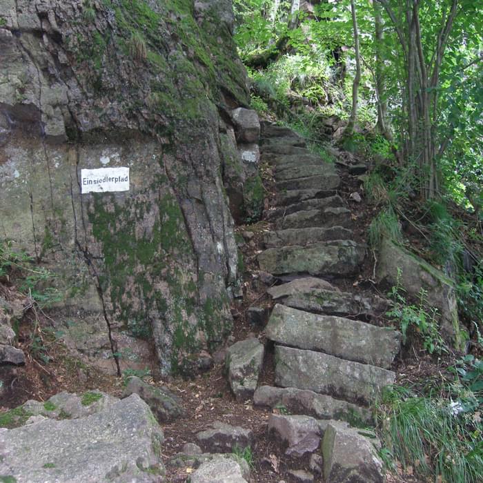 005 The ever changing character of the forest holds many surprises - like these ancient stairs. The sign reads ‘hermitage path’ - did someone once live there, among the rocks?