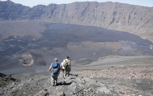 2-06 Descending Pico de Fogo with lava from the 2014 eruption spread across the old caldera