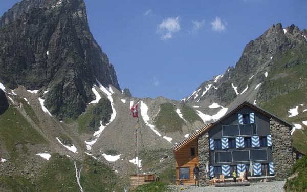 The Tuois Hut, overlooked by Piz Buin