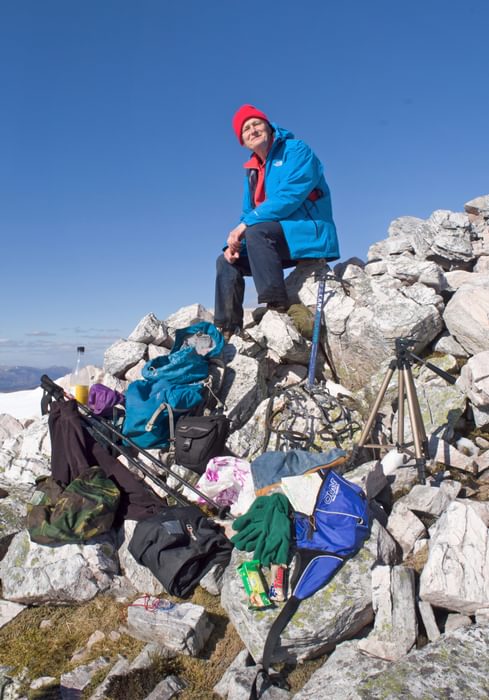 Contents of the guidebook writer's rucksack. Note tiny tripod, bottom right, which was also used to take the photo. No Photoshop trickery would let me also include the camera (Nikon D3200 bottom of the range SLR, second hand) Grey Corries, Lochaber