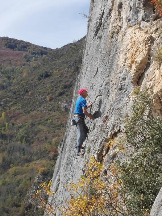 The author enjoying a fine day out sport climbing on the local crags at Sinsat