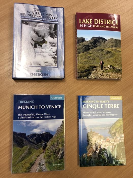 Different types of protective covers on Cicerone guidebooks: (clockwise from top left) encapsulated PVC, flaps, laminated paperpack, PVC sleeve