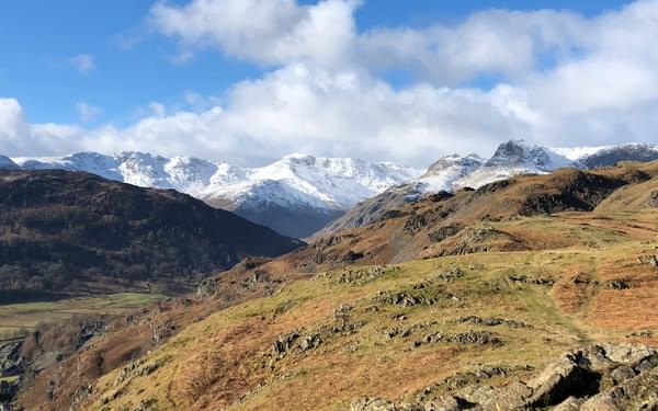 Snow capped peaks at the head of Great Langdale