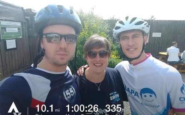 Me and my two friends on one of our two training rides. We're at the ice-cream parlour.
