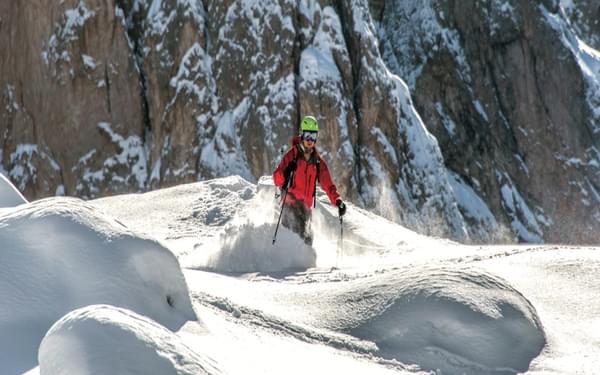 Deep powder in the lower half of the descent from Forcella Sassolungo Nord