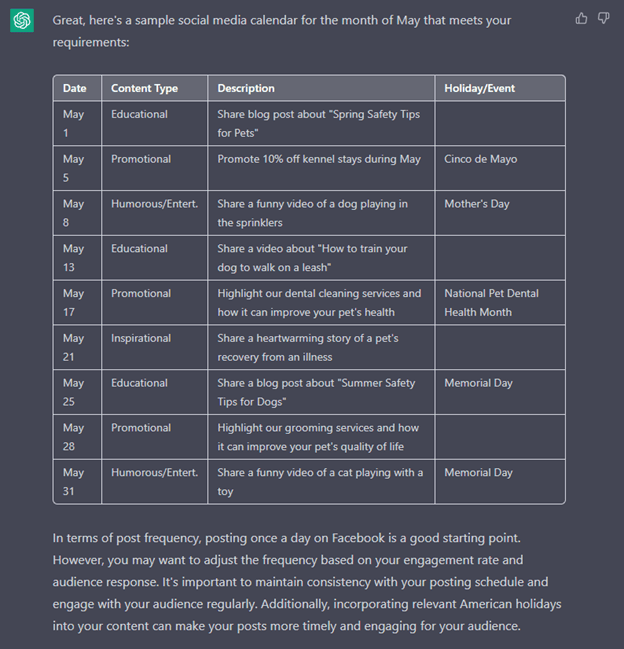 ChatGPT social media calendar screenshot 4