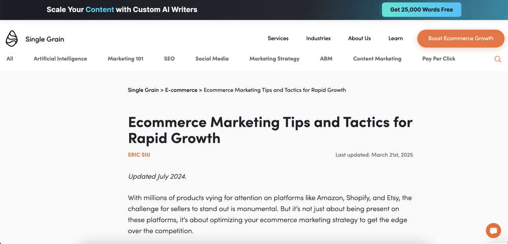 Single Grain Top Digital Marketing Agencies for eCommerce
