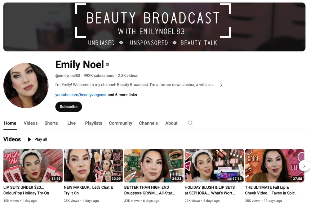 Emily Noel Top YouTube Beauty Influencers in the U.S.