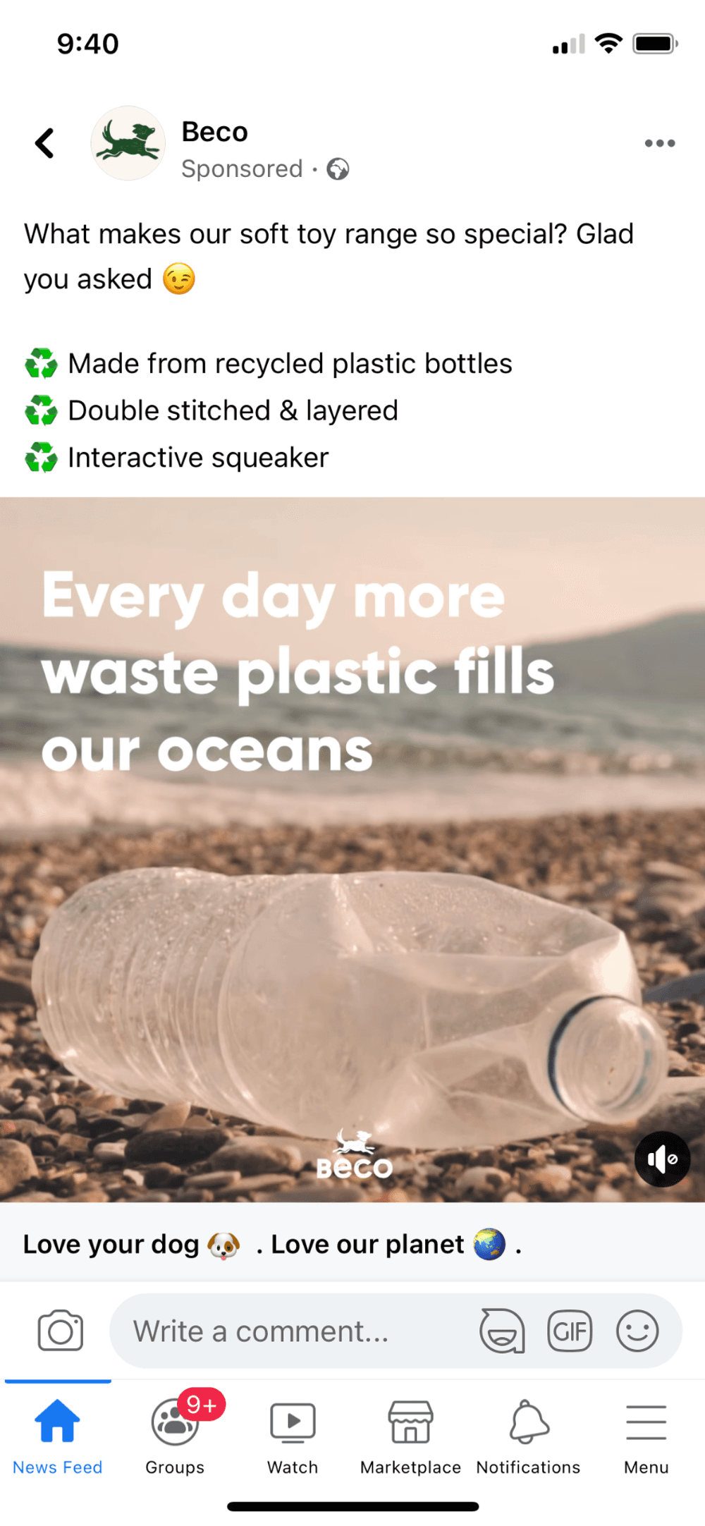 Facebook ad copy examples sustainability brand