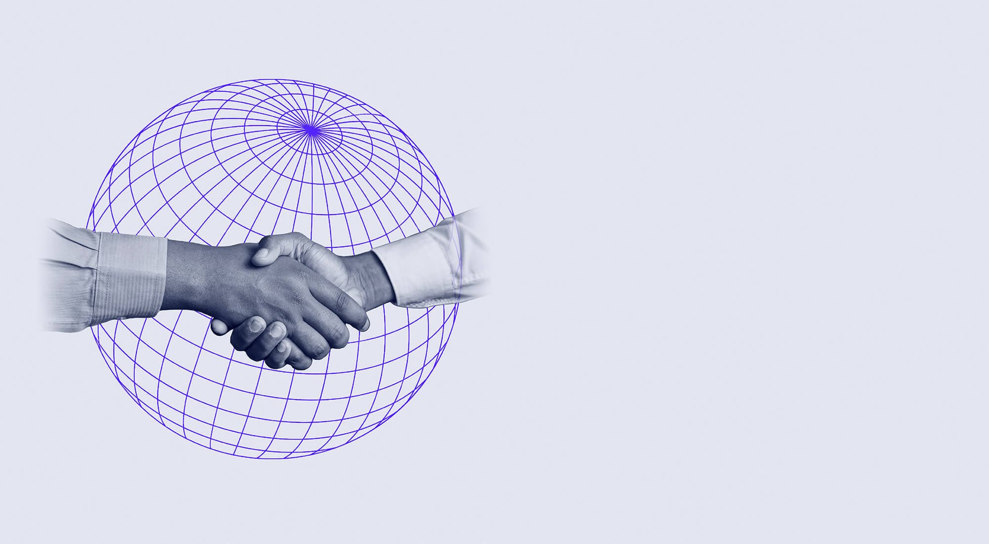 Two people shaking hands in front of an illustrative globe.