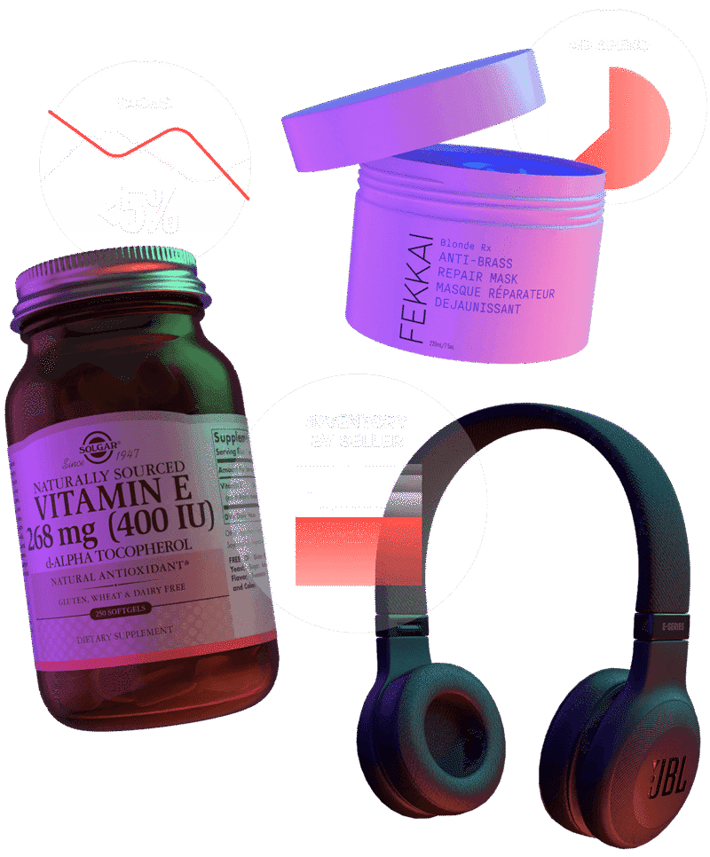 A composite image of a vitamin bottle, makeup container, and headphones with chart graphics overlayed.