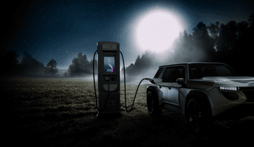 EV plugged into EV charging station at night with a full moon.
