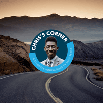 Highway at sunrise with portrait of Chris in a badge on top.