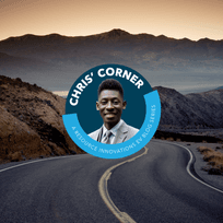 Highway at sunrise with portrait of Chris in a badge on top.