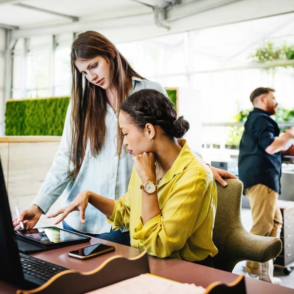 Two female energy service professionals working in an office