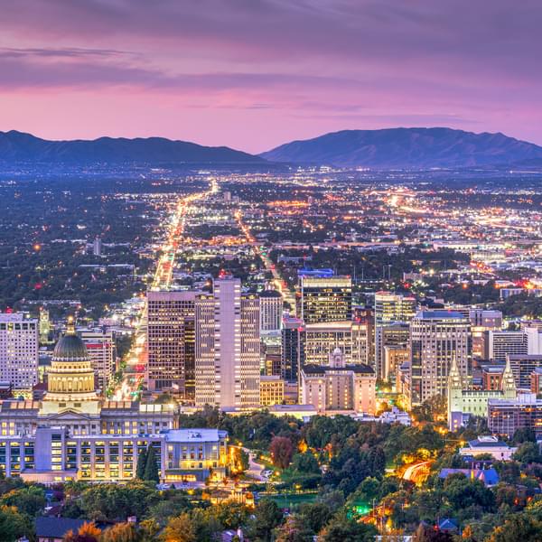Salt Lake City, Utah downtown city skyline at dusk.
