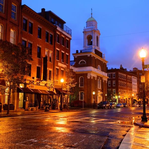 View of the North End at night. The North End is the oldest neighborhood in Boston, Massachusetts.