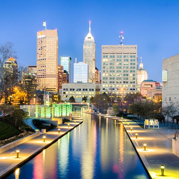 Downtown Indianapolis reflecting on the canal.