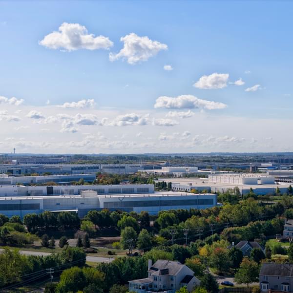 Aerial view of data center near residential area.