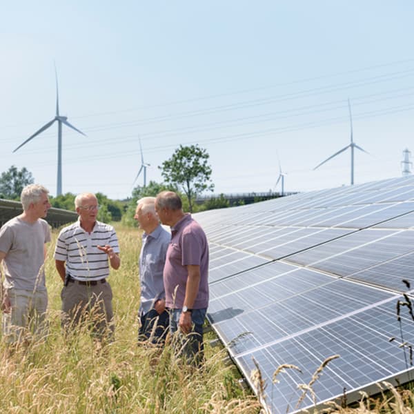 Engineer professionals analyzing solar panels and wind turbines in a field.