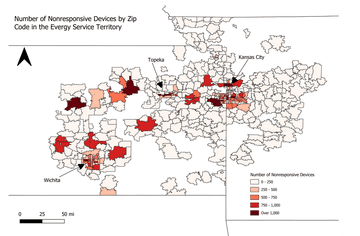 Map showing the number of nonresponsive devices by zip code in the Evergy Service Territory