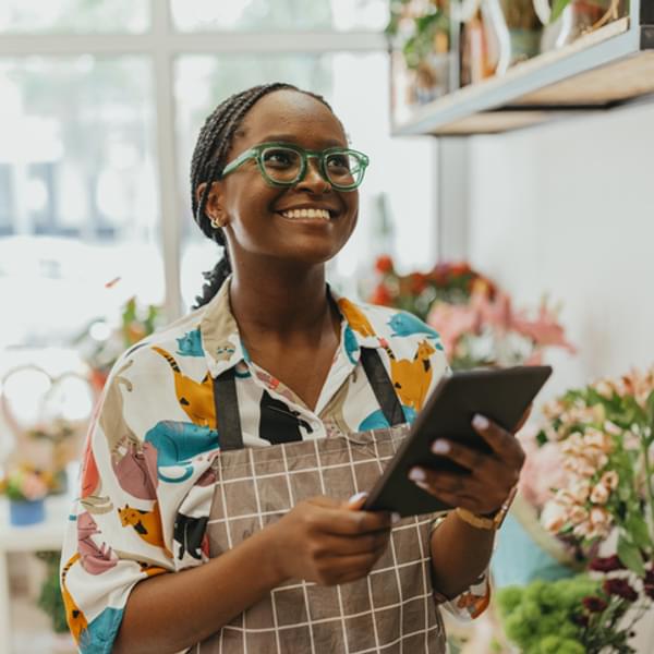 Small business owner finding energy products online.