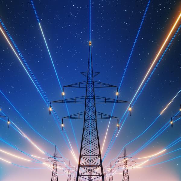 Power transmission lines at night