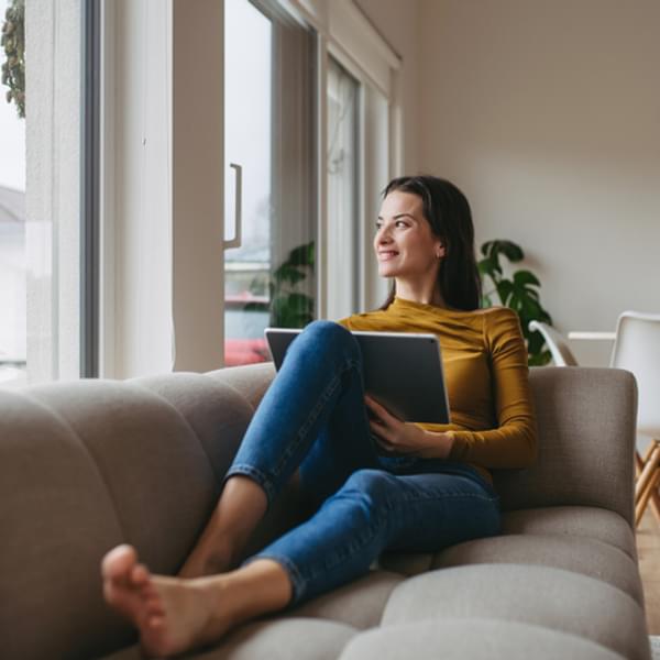 Woman shopping online at home, paying online for energy products.