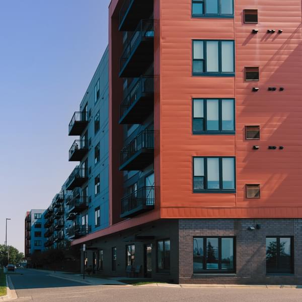 A modern urban apartment building in the Minneapolis, Minnesota.