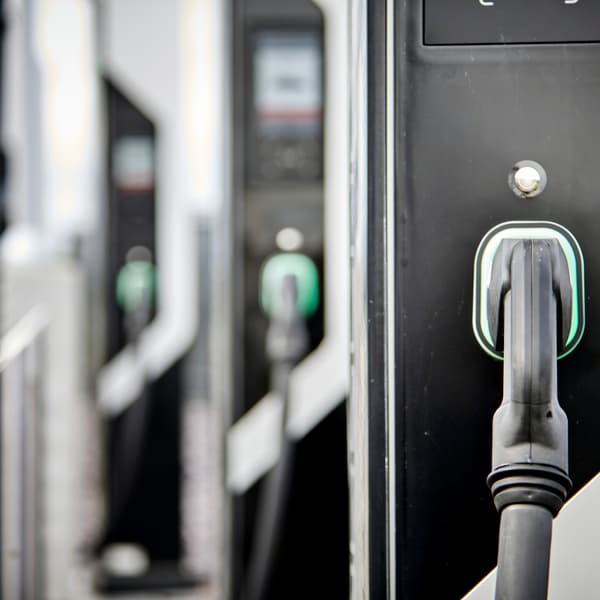 Bank of electric vehicle car chargers.