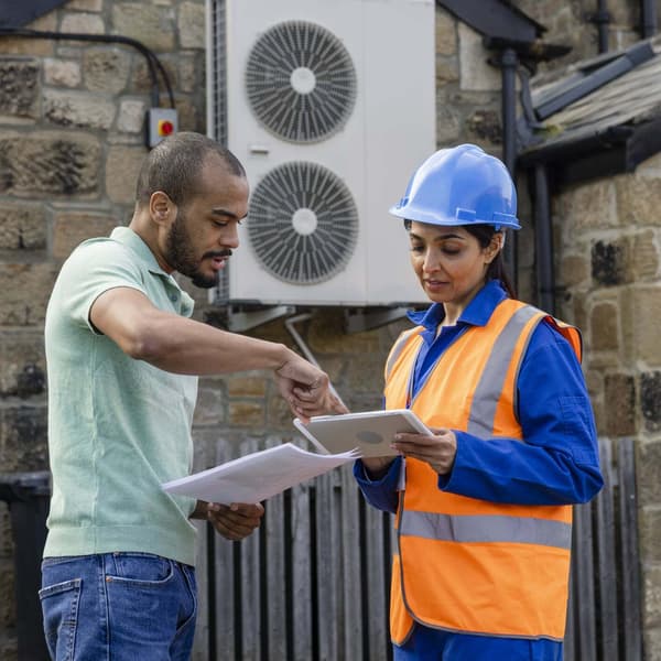 Energy engineer working on an air source heat pump.
