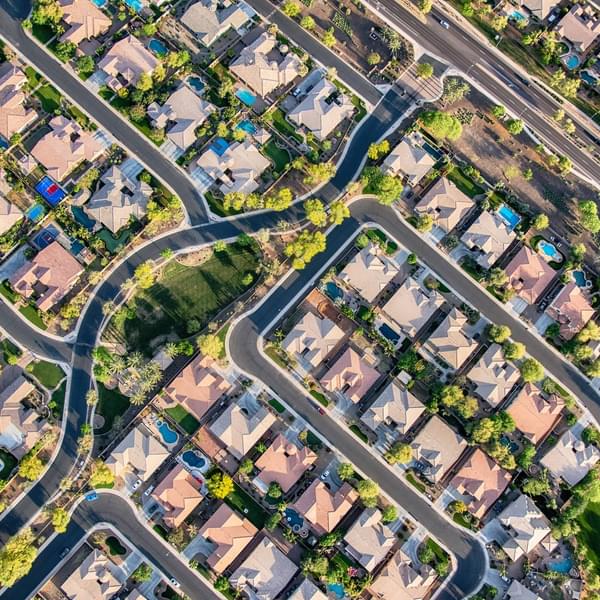 Aerial view looking directly down on homes in a planned exclusive residential community