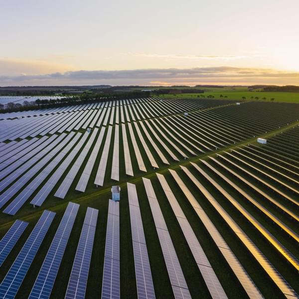 Abstract aerial drone view over a field of solar panels at sunrise