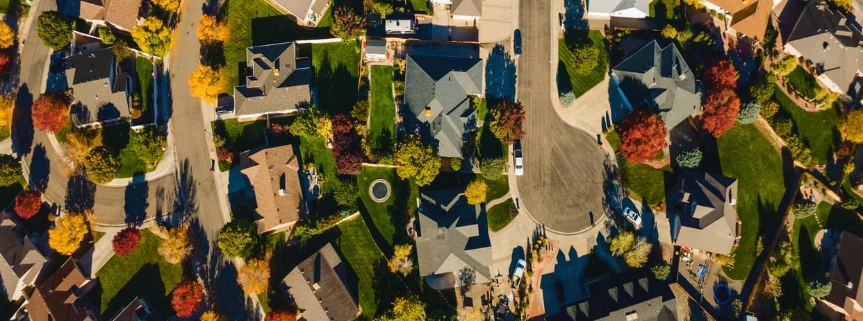 aerial view looking down on a nice suburban neighborhood