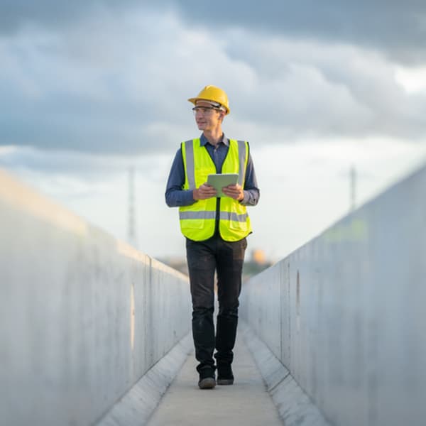 engineer holding a tablet and wearing hardhat and yellow vest