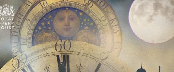A cloudy sky with an image of an ornate clock besides the moon