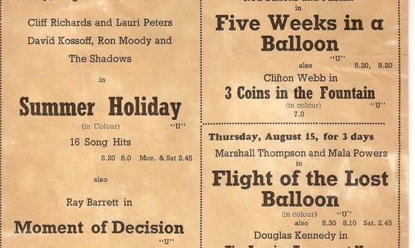 An old sepia cinema flyer showing the schedule of upcoming films