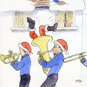 A watercolour artwork of father Christmas falling of the roof and landing in a brass instrument