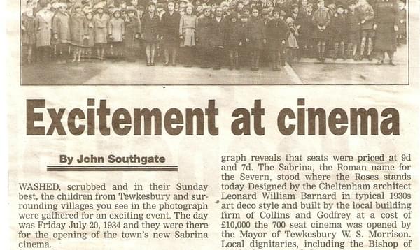 A newspaper clipping showing a large group of people outside the Sabrina cinema