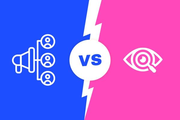 Social reach versus impressions. On the left the background is blue with an icon of a bullhorn and a connected line coming out of it, with icons of people. On the right, the background is pink with an eye icon with a magnifying glass overlaid.