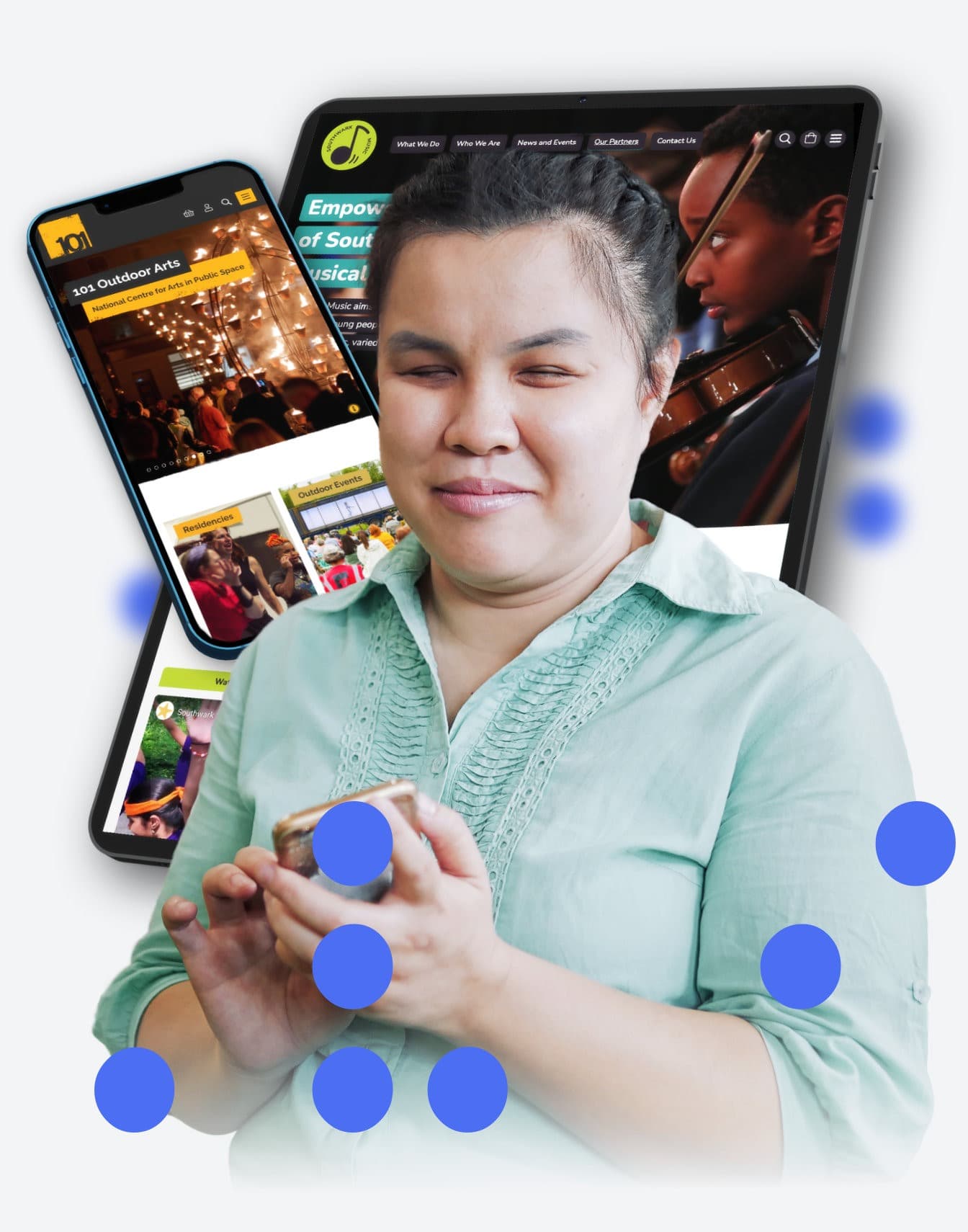 Blind woman using phone with sites in devices floating behind